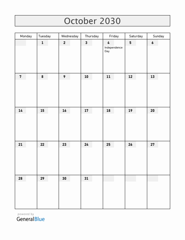 Lesotho October 2030 Calendar with Holidays