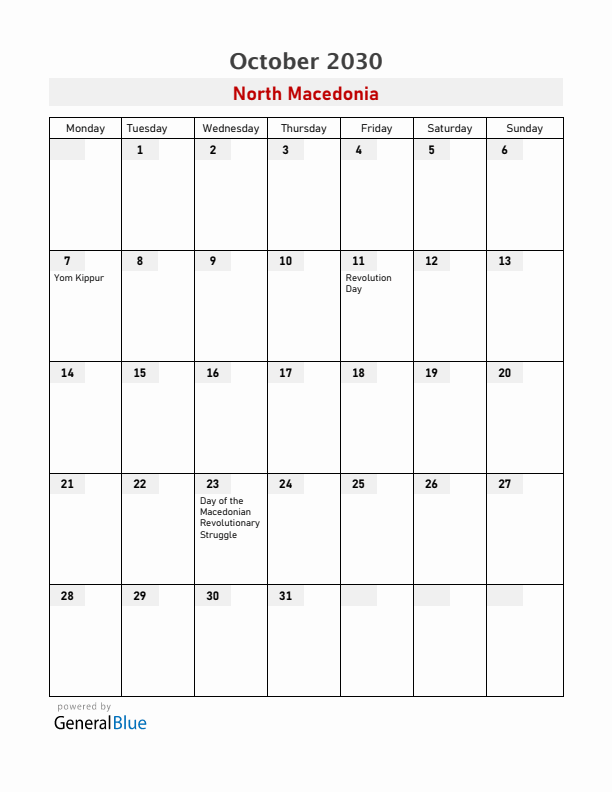 North Macedonia October 2030 Calendar with Holidays