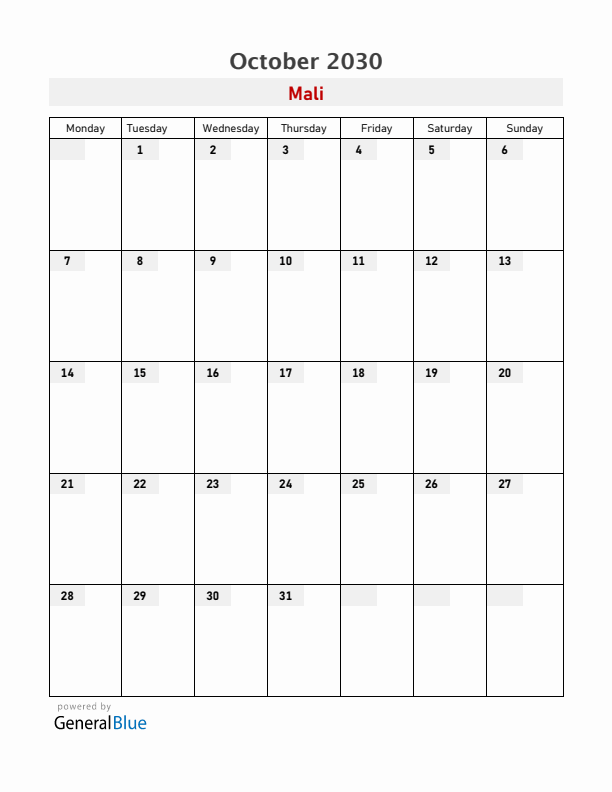 Mali October 2030 Calendar with Holidays