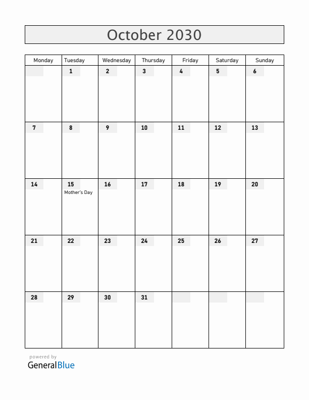Malawi October 2030 Calendar with Holidays