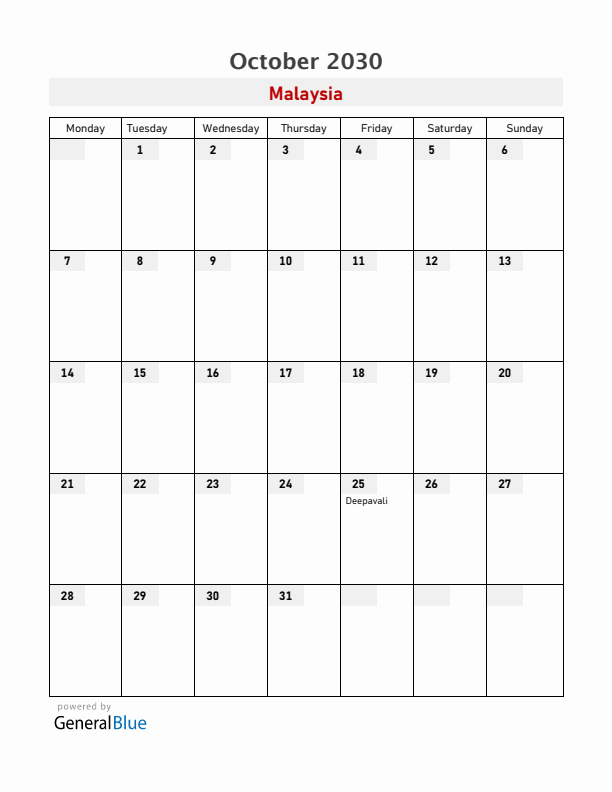 Malaysia October 2030 Calendar with Holidays