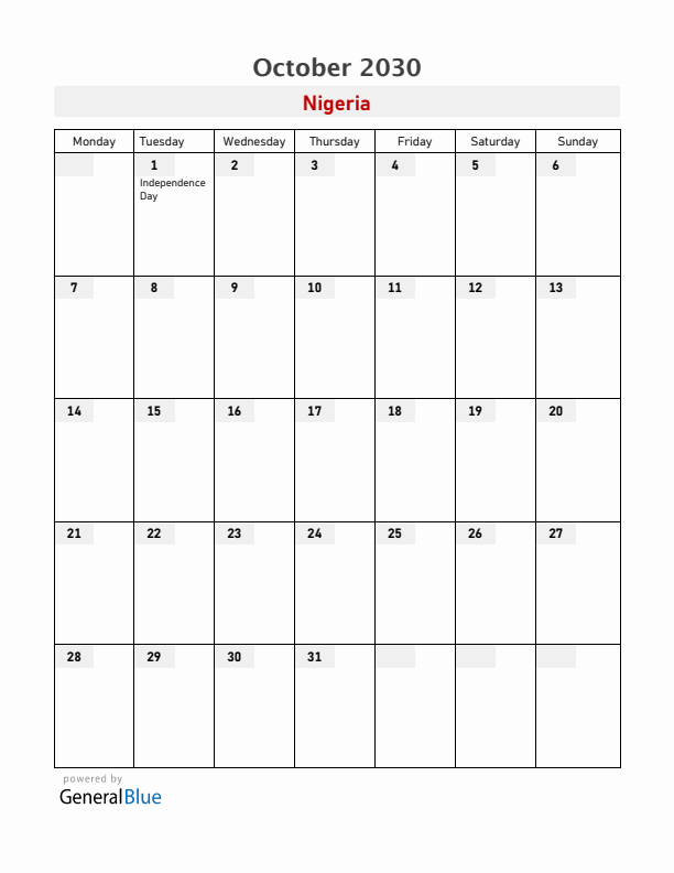 Nigeria October 2030 Calendar with Holidays