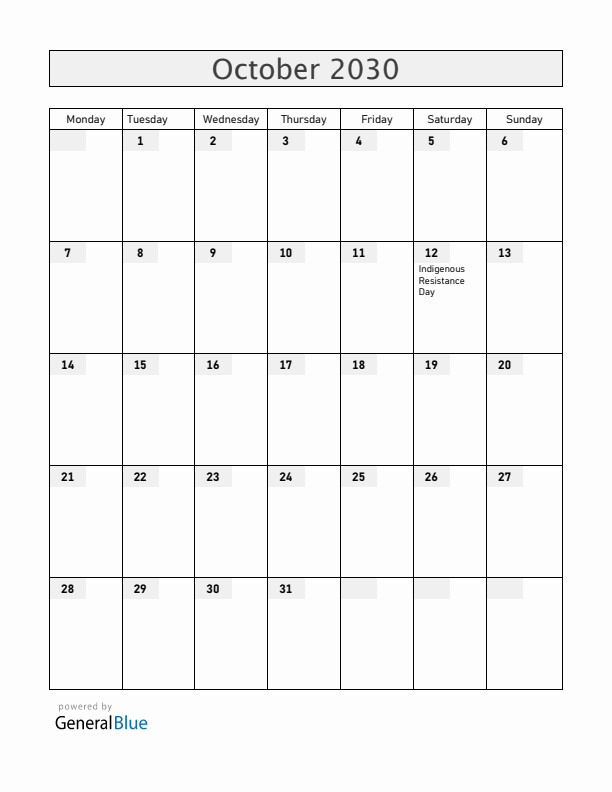 Nicaragua October 2030 Calendar with Holidays