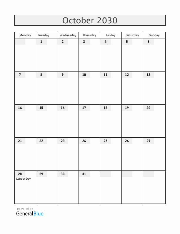 New Zealand October 2030 Calendar with Holidays
