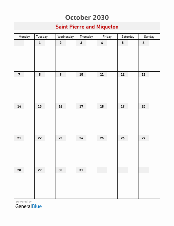 Saint Pierre and Miquelon October 2030 Calendar with Holidays