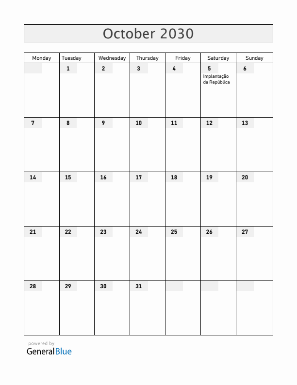 Portugal October 2030 Calendar with Holidays