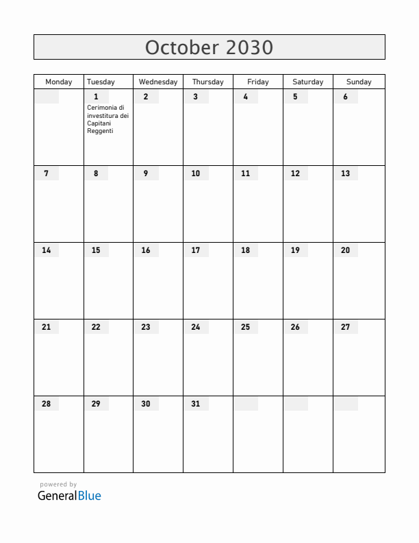 San Marino October 2030 Calendar with Holidays