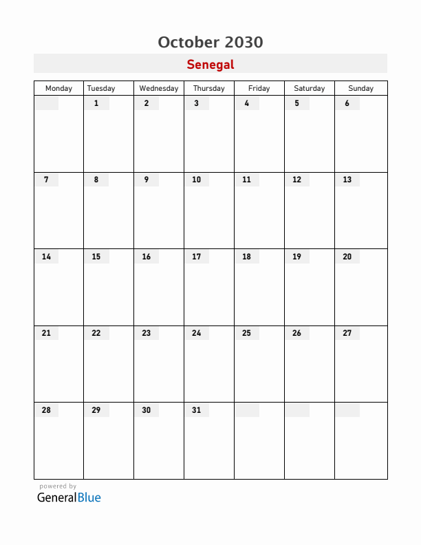 Senegal October 2030 Calendar with Holidays