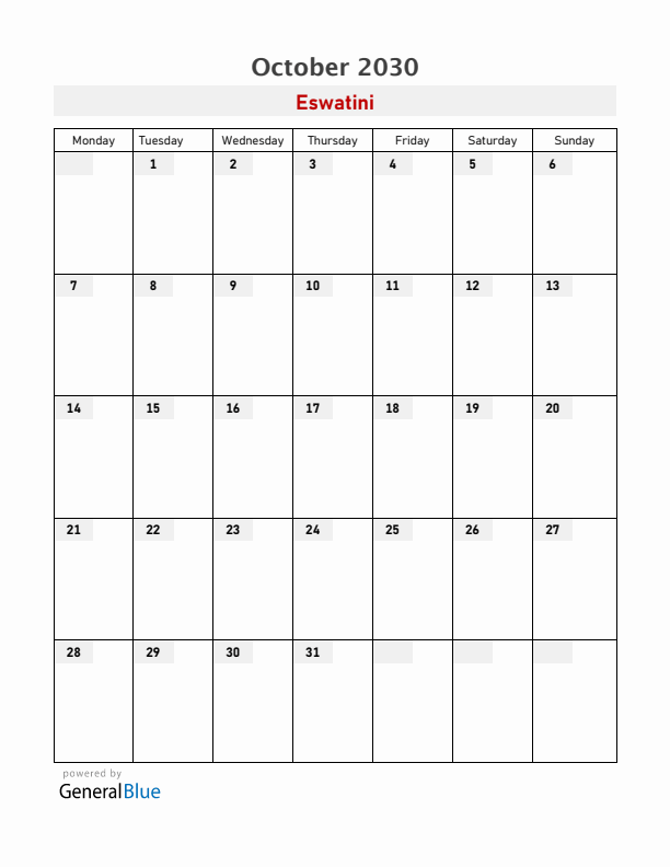 Eswatini October 2030 Calendar with Holidays