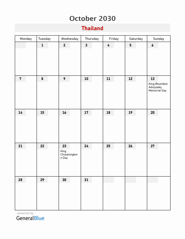 Thailand October 2030 Calendar with Holidays