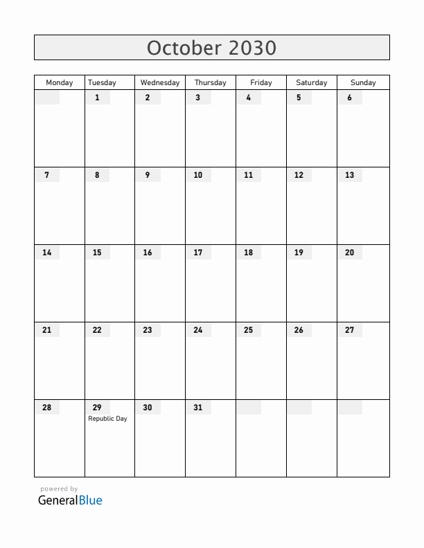 Turkey October 2030 Calendar with Holidays