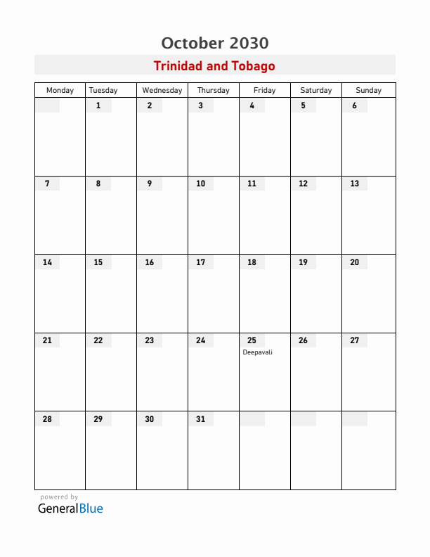 Trinidad and Tobago October 2030 Calendar with Holidays
