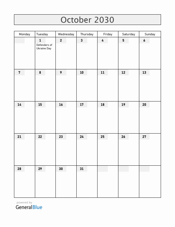 Ukraine October 2030 Calendar with Holidays