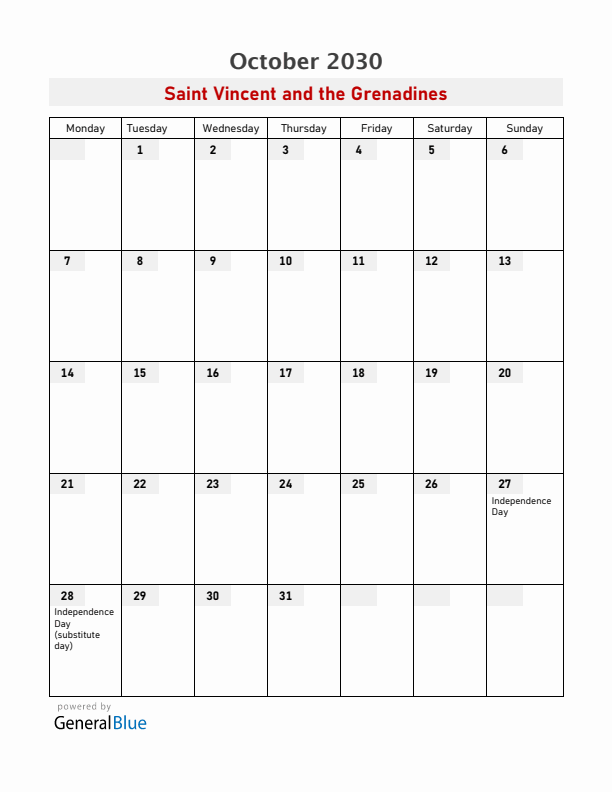 Saint Vincent and the Grenadines October 2030 Calendar with Holidays