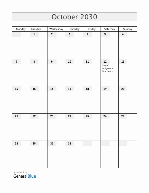 Venezuela October 2030 Calendar with Holidays