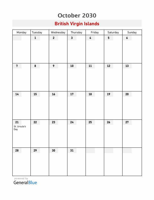 British Virgin Islands October 2030 Calendar with Holidays