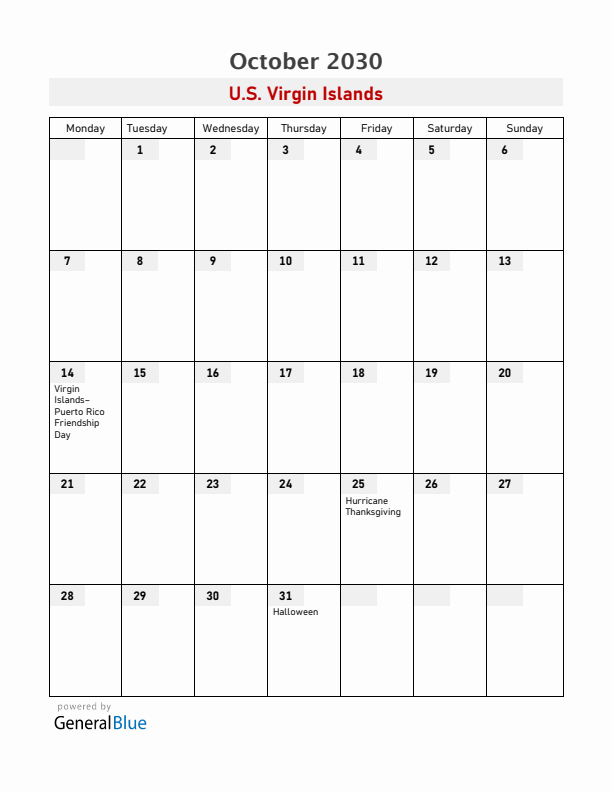 U.S. Virgin Islands October 2030 Calendar with Holidays