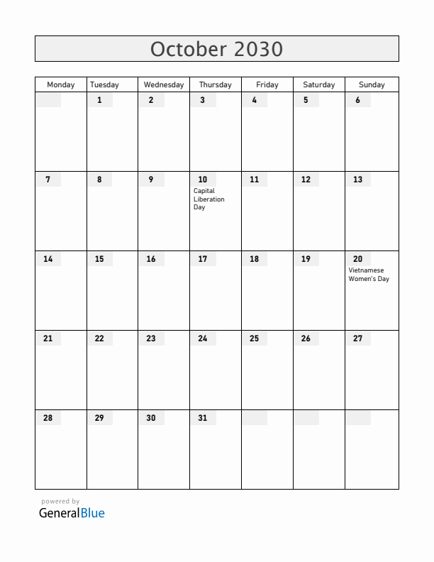 Vietnam October 2030 Calendar with Holidays
