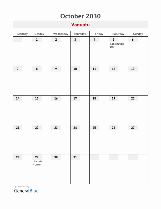 Vanuatu October 2030 Calendar with Holidays