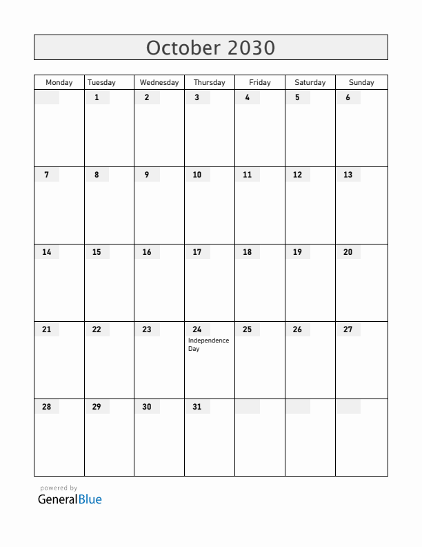 Zambia October 2030 Calendar with Holidays