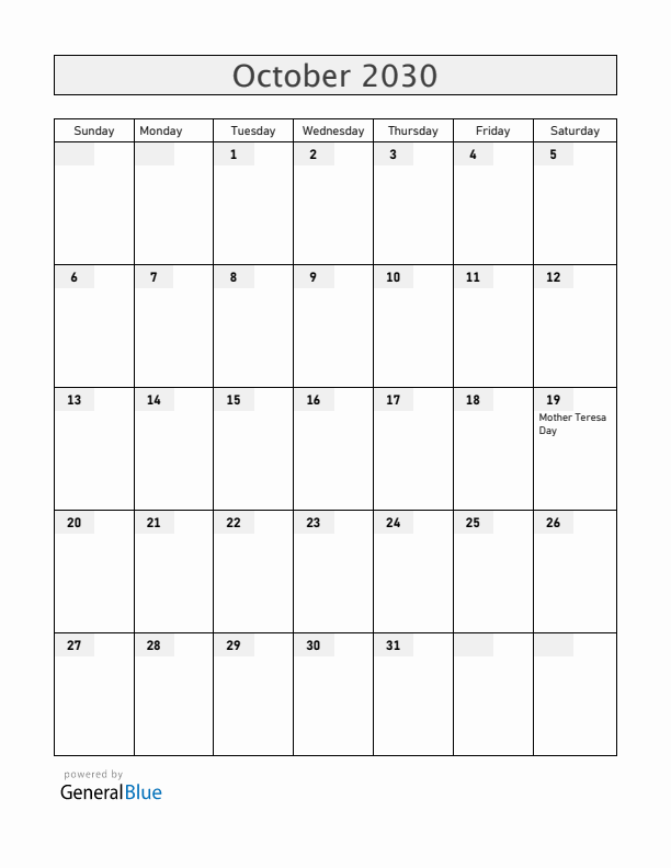 Albania October 2030 Calendar with Holidays