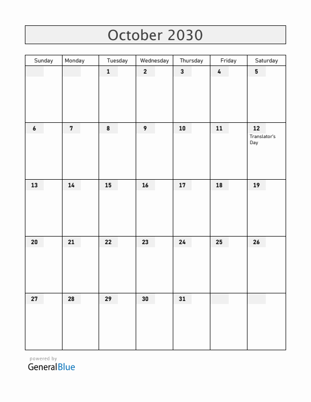 Armenia October 2030 Calendar with Holidays