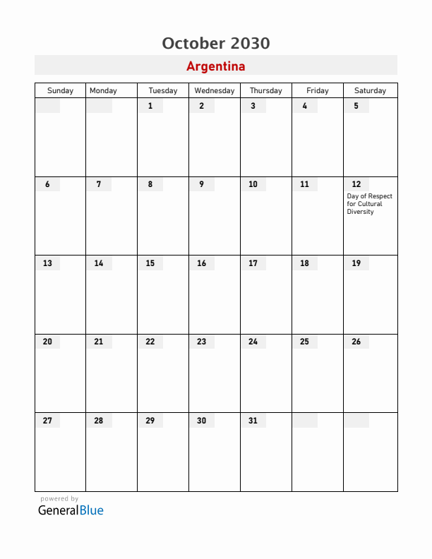 Argentina October 2030 Calendar with Holidays