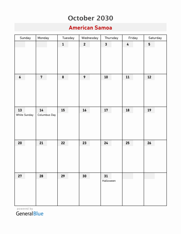 American Samoa October 2030 Calendar with Holidays