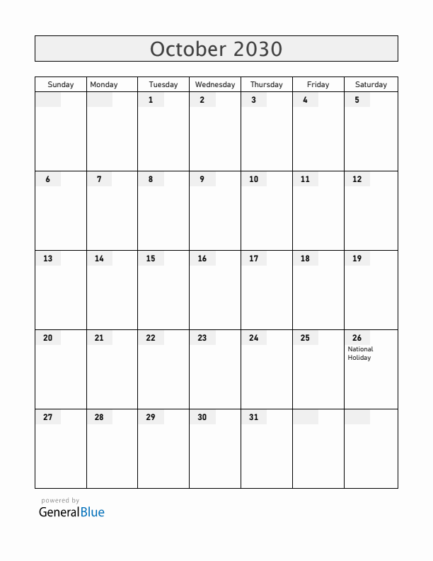 Austria October 2030 Calendar with Holidays