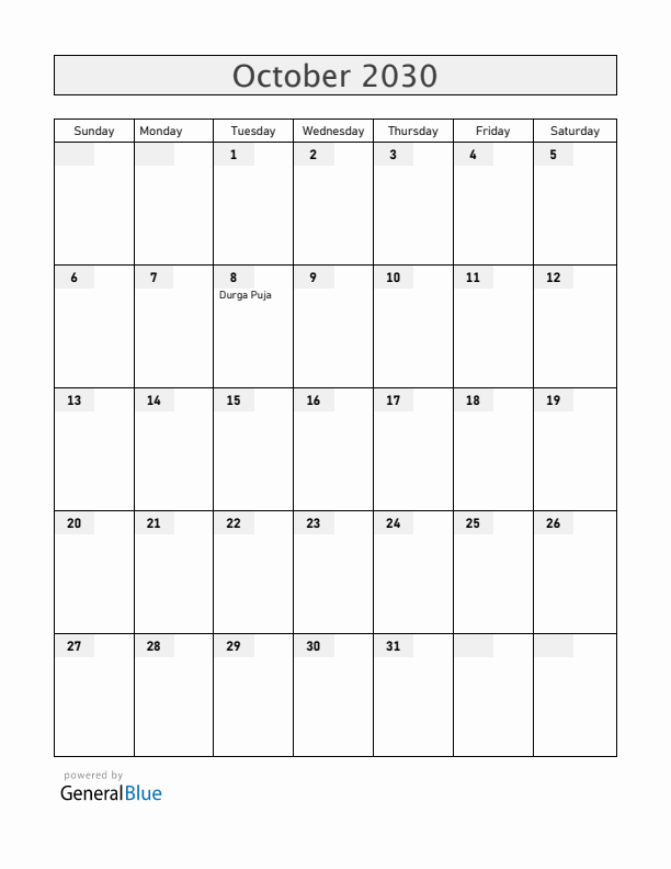 Bangladesh October 2030 Calendar with Holidays