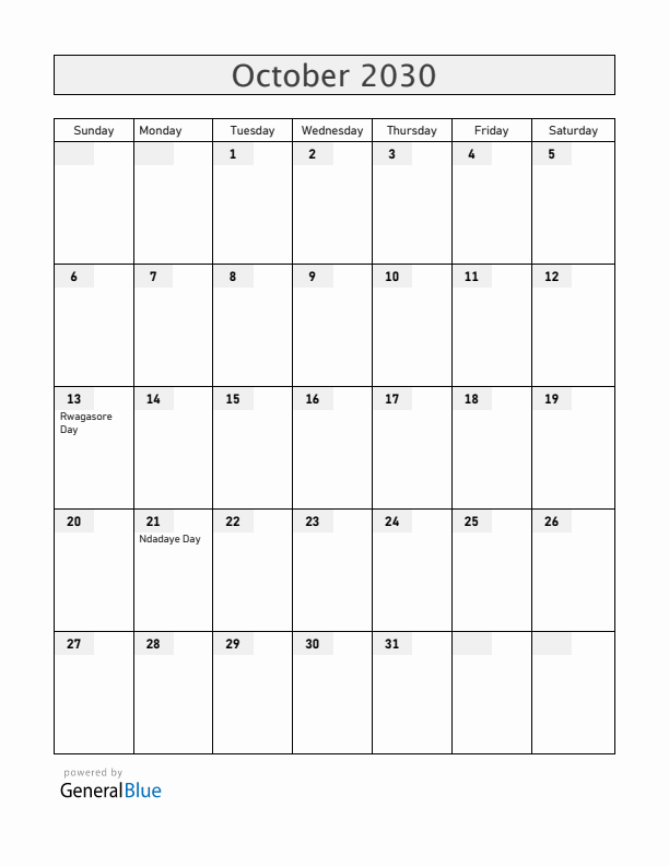 Burundi October 2030 Calendar with Holidays