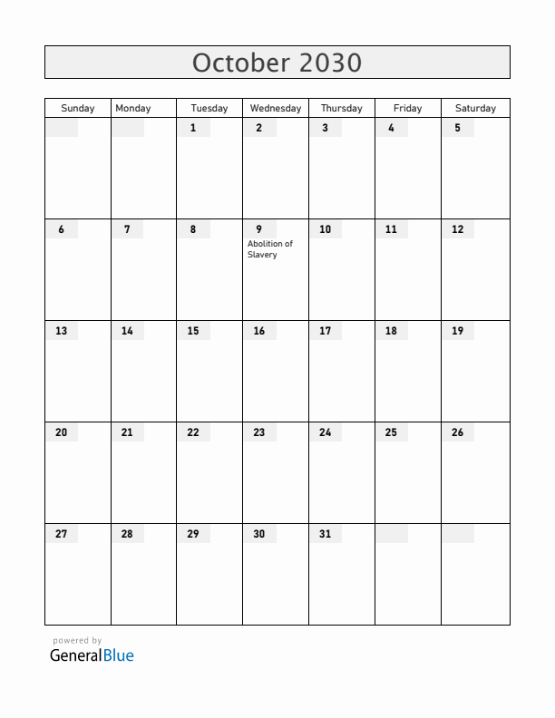 Saint Barthelemy October 2030 Calendar with Holidays