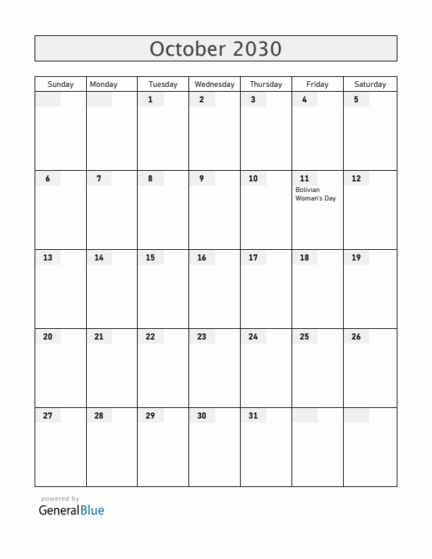 Bolivia October 2030 Calendar with Holidays
