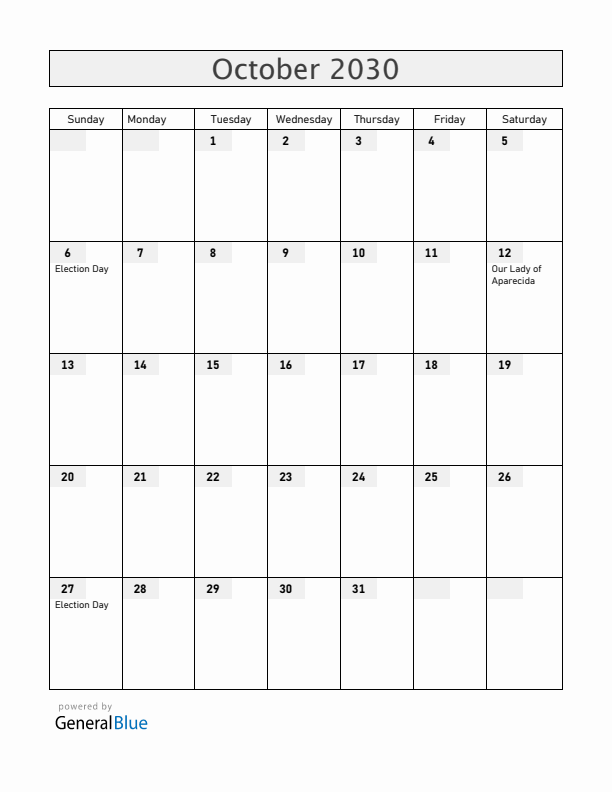 Brazil October 2030 Calendar with Holidays