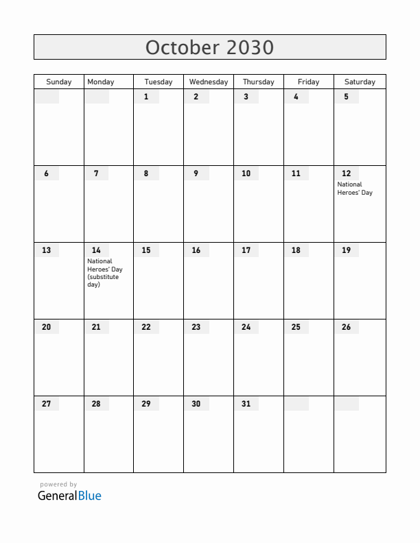 Bahamas October 2030 Calendar with Holidays