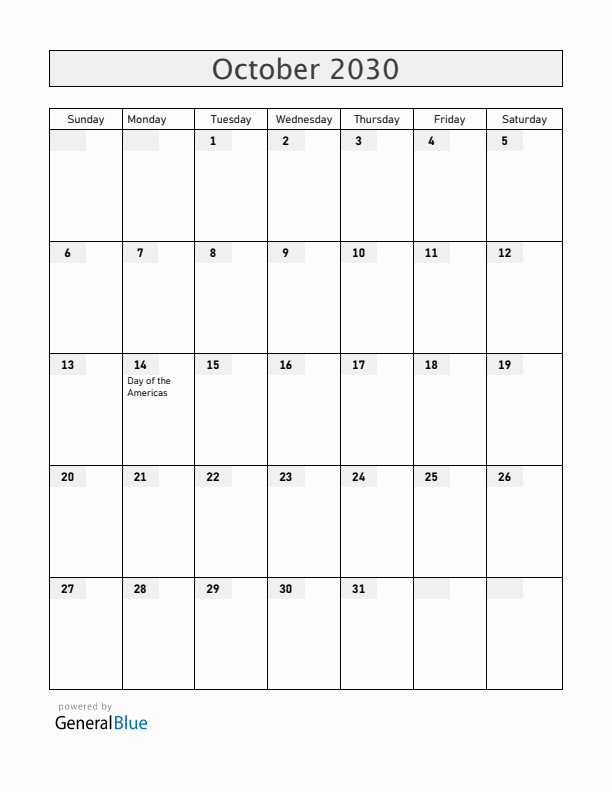 Belize October 2030 Calendar with Holidays
