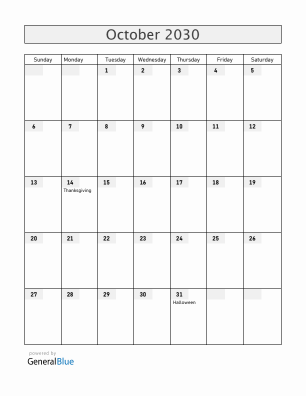 Canada October 2030 Calendar with Holidays