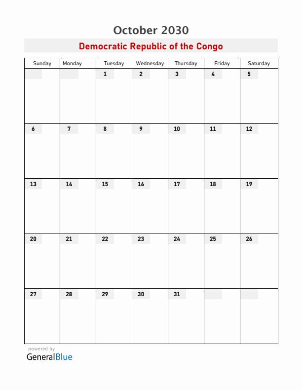 Democratic Republic of the Congo October 2030 Calendar with Holidays