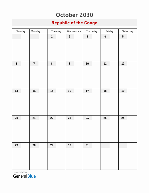 Republic of the Congo October 2030 Calendar with Holidays