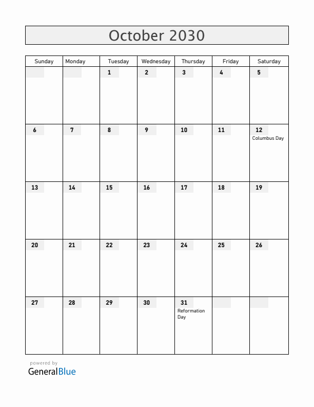 Chile October 2030 Calendar with Holidays