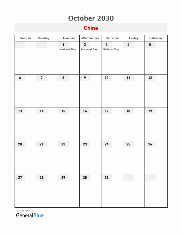 China October 2030 Calendar with Holidays