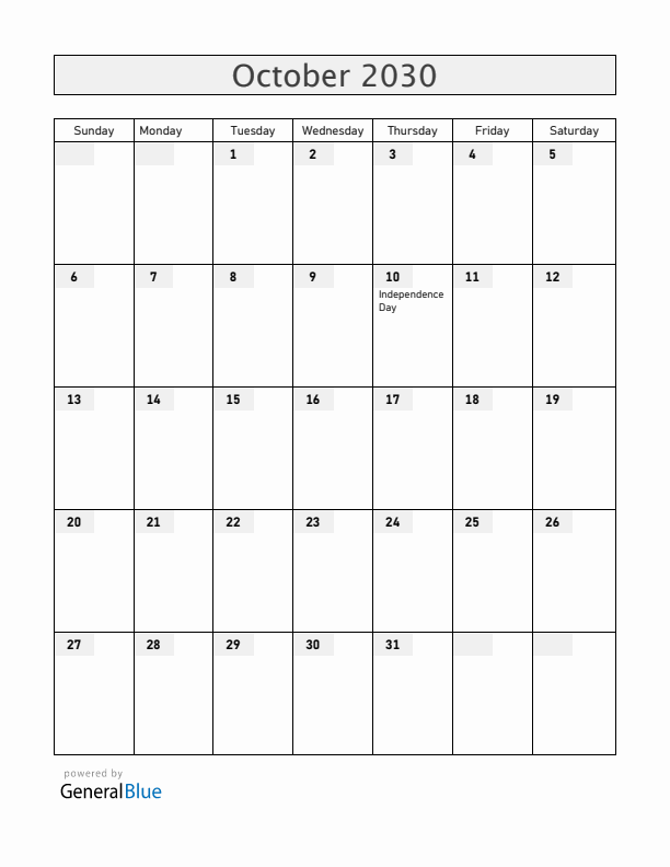 Cuba October 2030 Calendar with Holidays