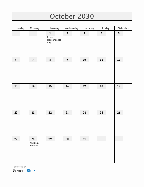 Cyprus October 2030 Calendar with Holidays