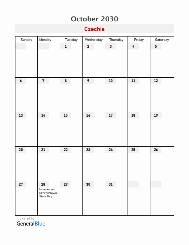 Czechia October 2030 Calendar with Holidays