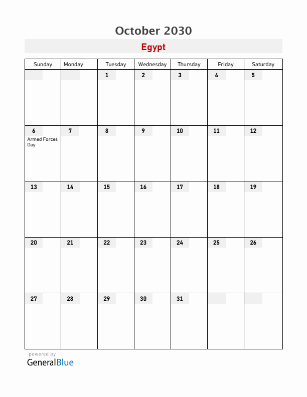 Egypt October 2030 Calendar with Holidays