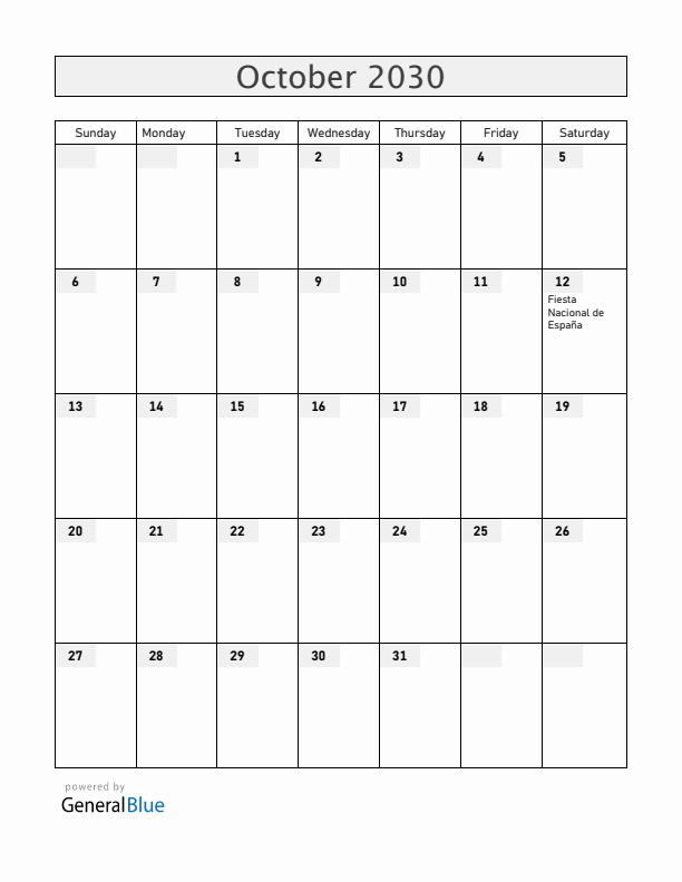 Spain October 2030 Calendar with Holidays