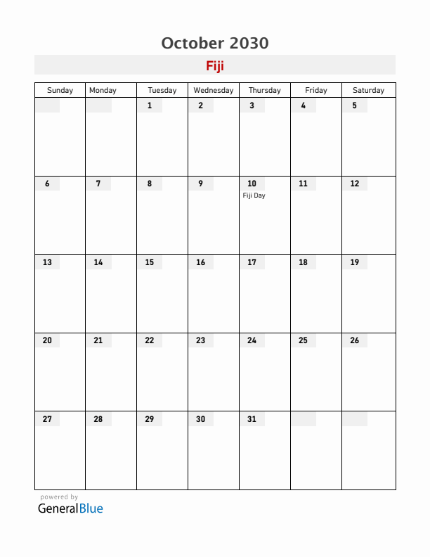Fiji October 2030 Calendar with Holidays
