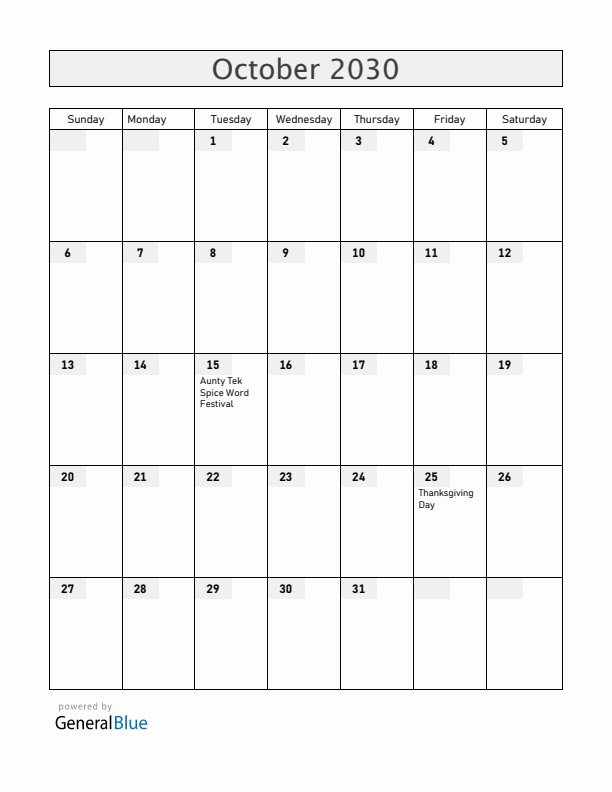 Grenada October 2030 Calendar with Holidays