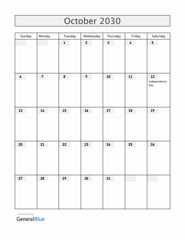 Equatorial Guinea October 2030 Calendar with Holidays