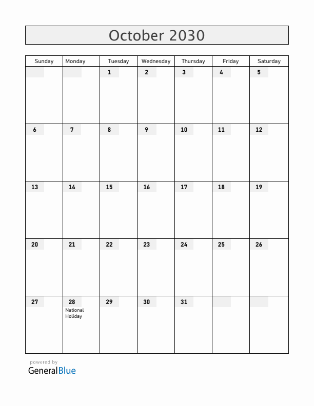 Greece October 2030 Calendar with Holidays
